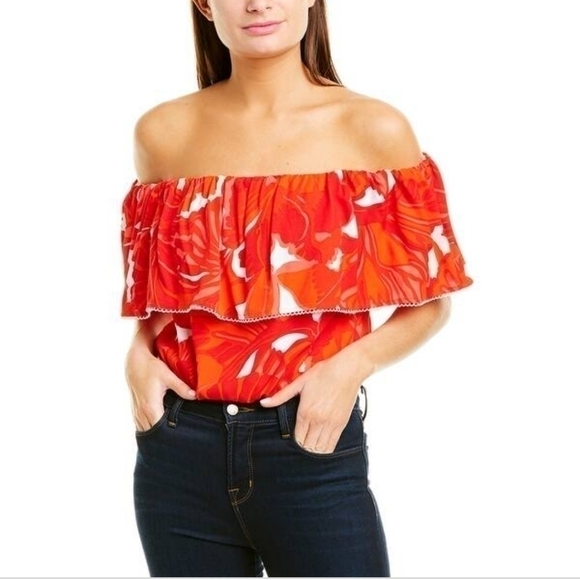 Trina Turk Terrance Flame Off the Shoulder Top - Picture 1 of 10